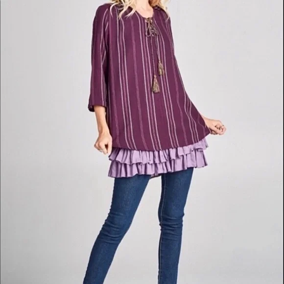 BOHO shirt woven knit TOP variegated stripe jacquard top S TRENDING deep Purple - Picture 3 of 16